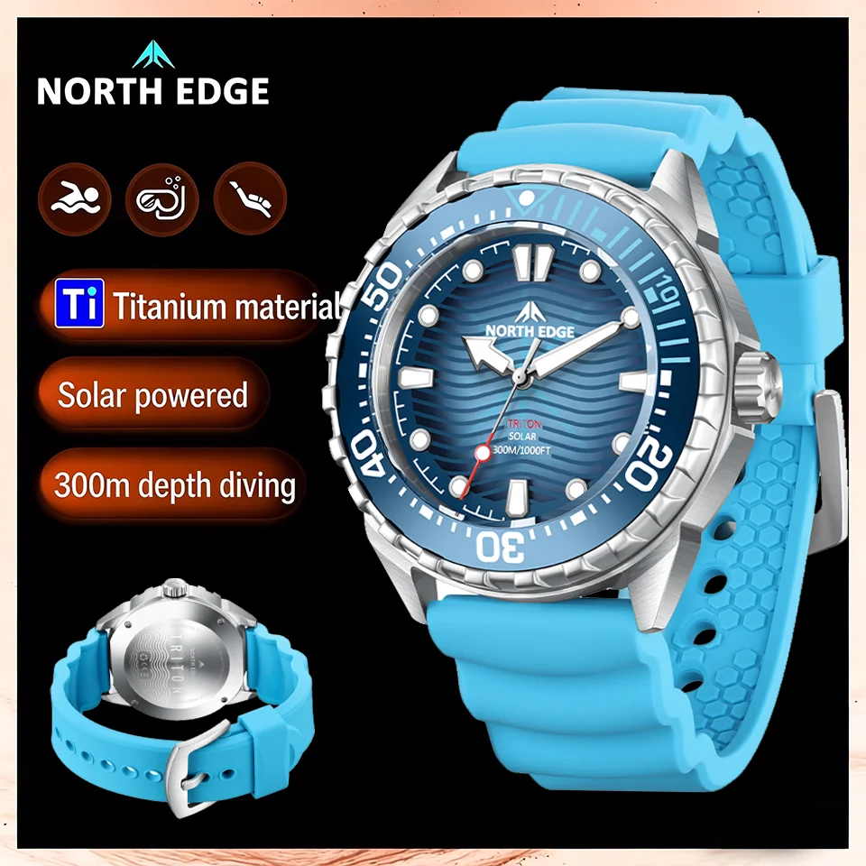

Новые мужские часы NORTH EDGE TRITON 2026 года на солнечной батарее, роскошные кварцевые часы для мужчин, корпус из нержавеющей стали 316L, водонепроницаемость 300 м