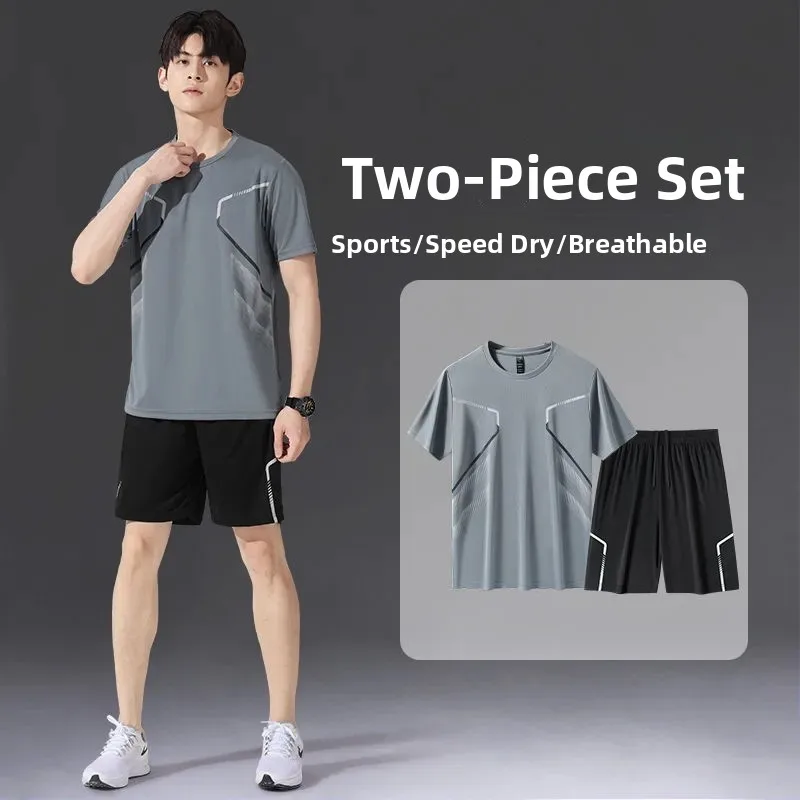 

Комплект спортивной одежды из ледяного шелка для бега: мужская футболка и свободные брюки 3/4 для баскетбола, быстросохнущие, для тренировок и фитнеса