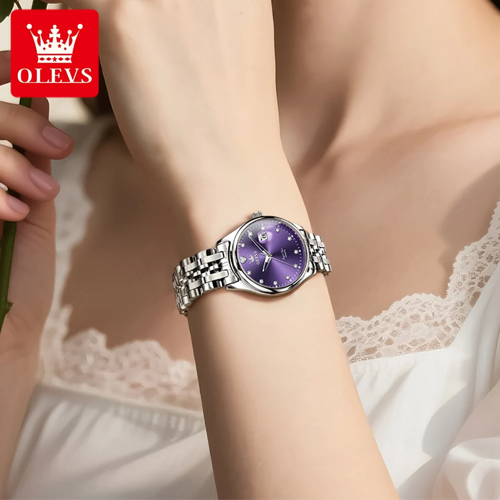 OLEVS ساعات نسائية أنيقة موضة الفولاذ المقاوم للصدأ العلامة التجارية الأعلى الأصلي كوارتز ساعة اليد لسيدة مقاوم للماء تاريخ كبير 5649 جديد