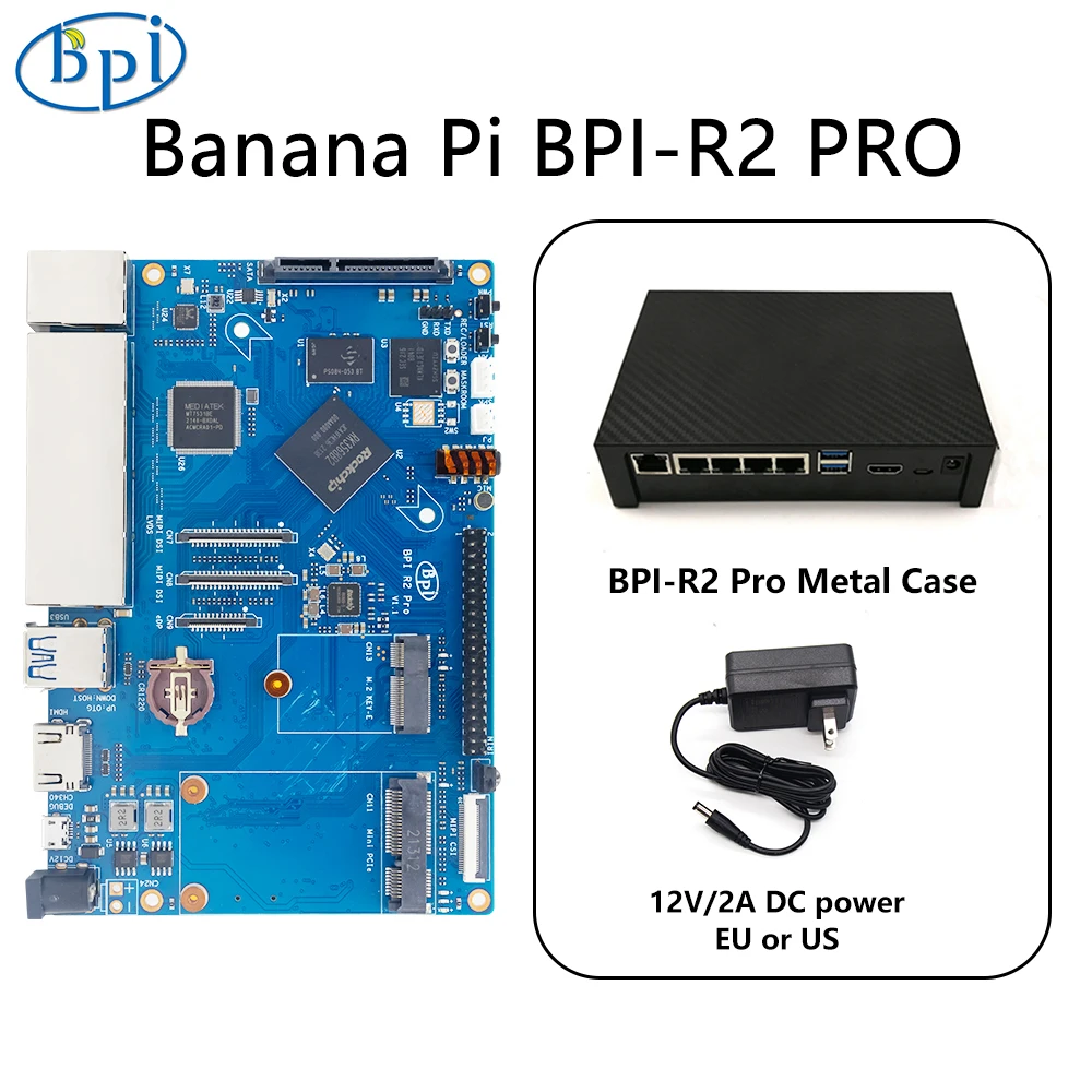 Banana pi Bpi-r2 Pro e Caixa de Metal Fonte de Alimentação Quad-core Arm Cortex-a55 Cpu 2g Lpddr4 Sdram Opensource Roteador Placa Demo