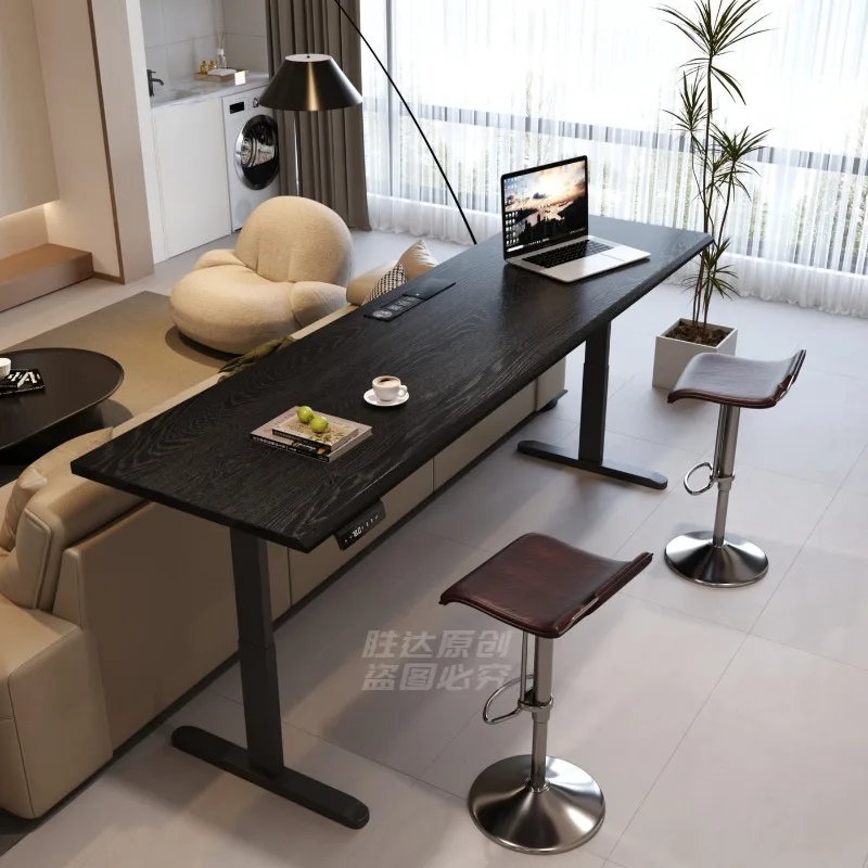 High-grade black solid wood bar table, sofa back long table, intelligent electric lifting table, double desk study table