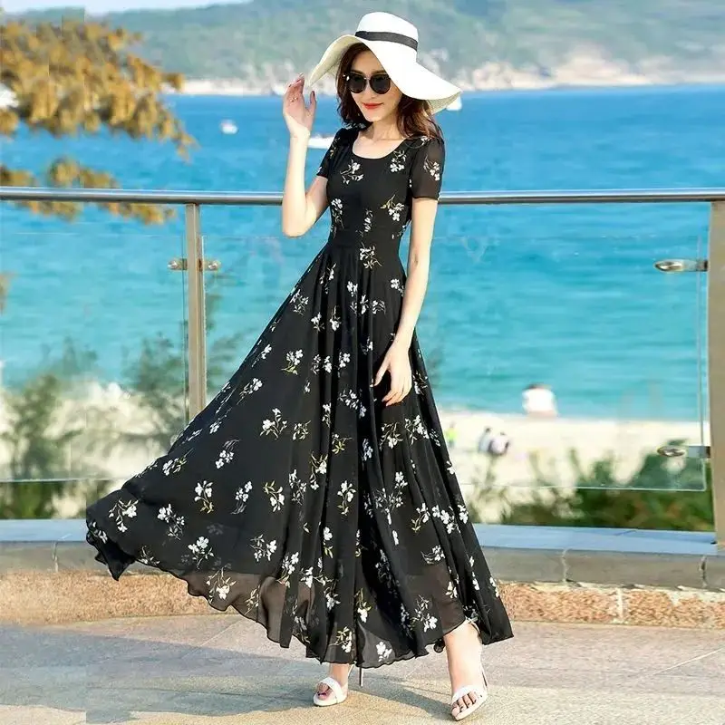 فستان نسائي قصير الأكمام برقبة دائرية من الشيفون ، ملابس السيدات ، فساتين طباعة أنيقة ، مقاس كبير ، موضة العطلة ، الصيف ، الجديد