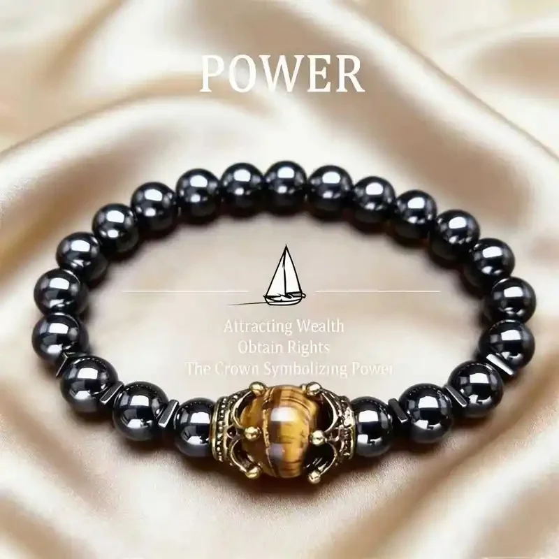 Pulseira Masculina Vintage Power Crown, Pulseira de Contas de Pedra Olho de Tigre Natural e Hematita, Joia da Moda, Presente para Amigos