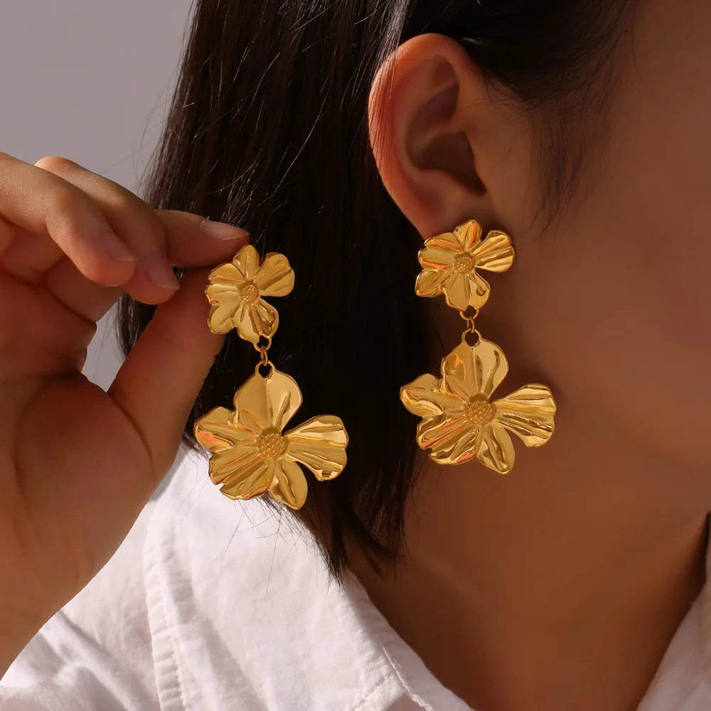 Exaggerate Women Big Flowers Stainless Steel Earrings Ear Stud Fashion Charm No Fade Jewelry Wholesale