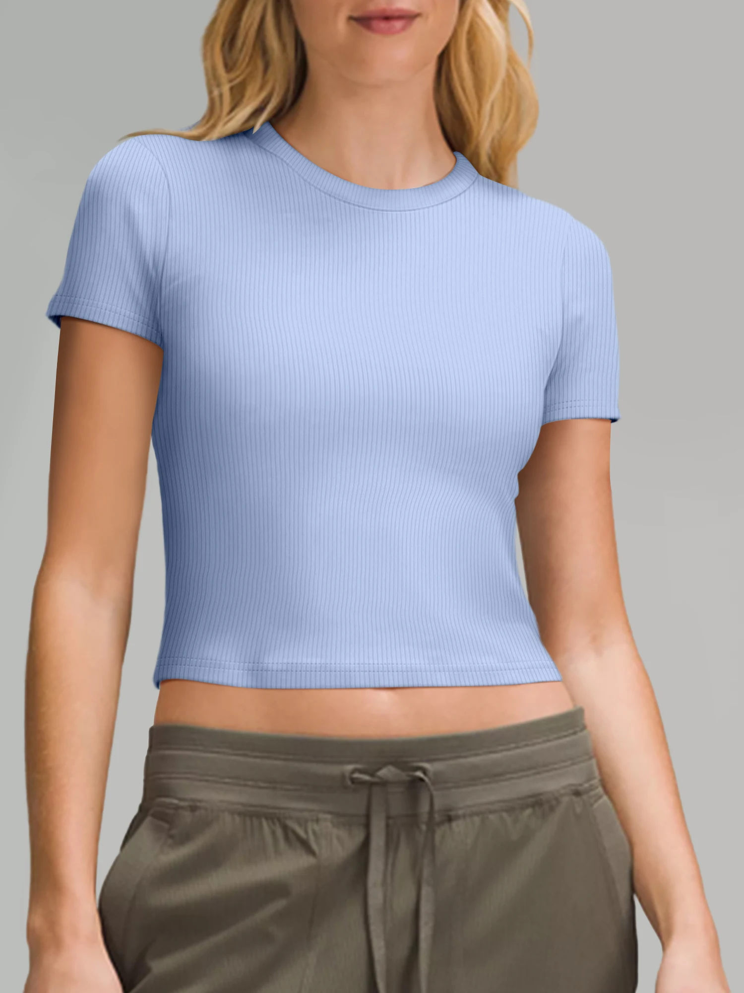 Casual Ribbed Crew‑Neck Cropped T‑Shirt, Elastic Short‑Sleeve Blouse for Short Trips & City Wandering