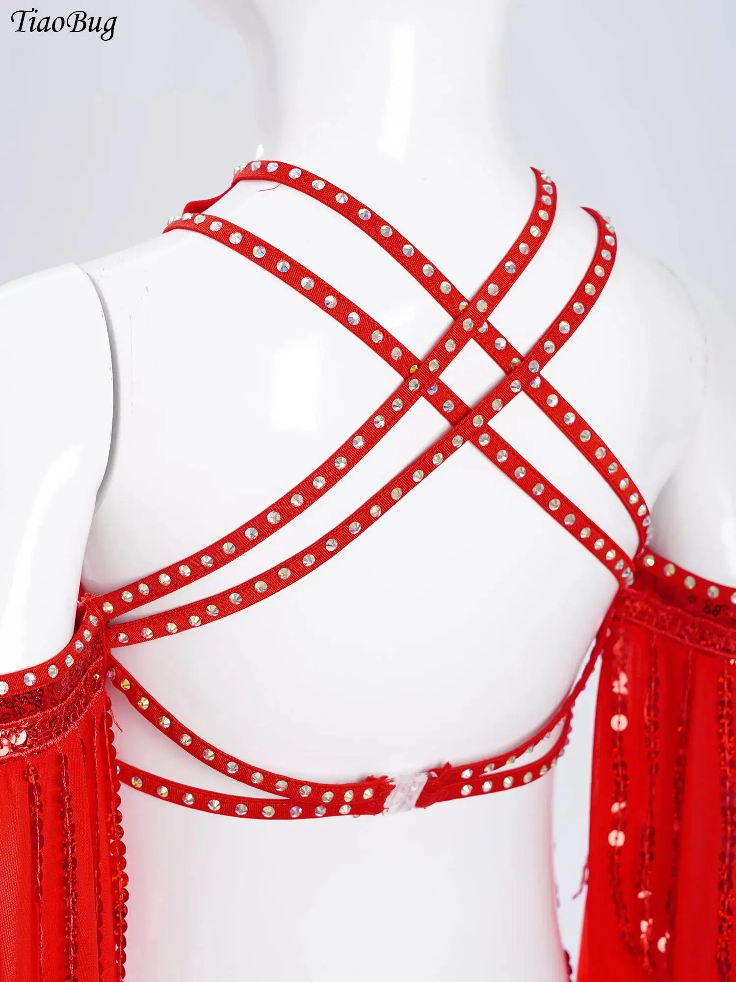 

Kids Girls Latin Jazz Dance Outfit Sheer Mesh Flared Sleeves Sparkling Sequins Tassels Cross Crop Top+Skirts for Performance