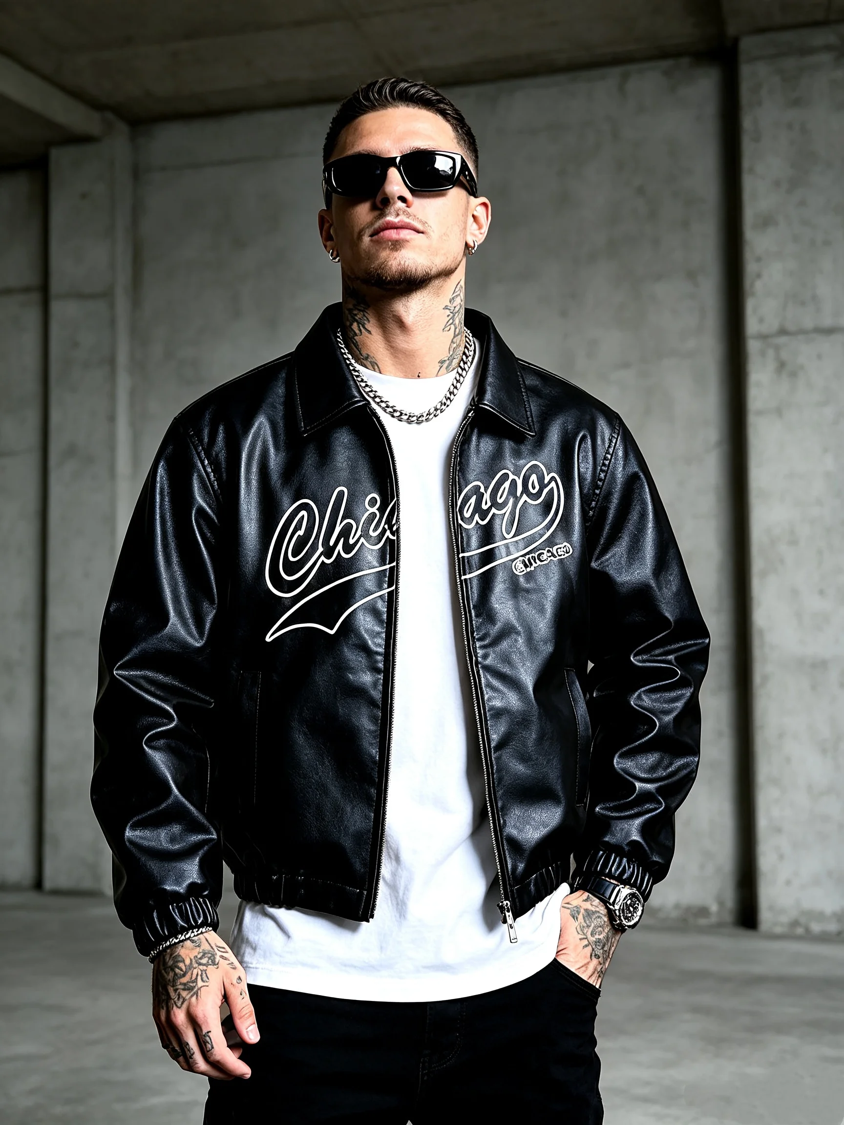Men's Faux Leather Zip Up Jacket Chicago Letter Print Lapel Collar Elastic Cuff Streetwear Casual Outerwear