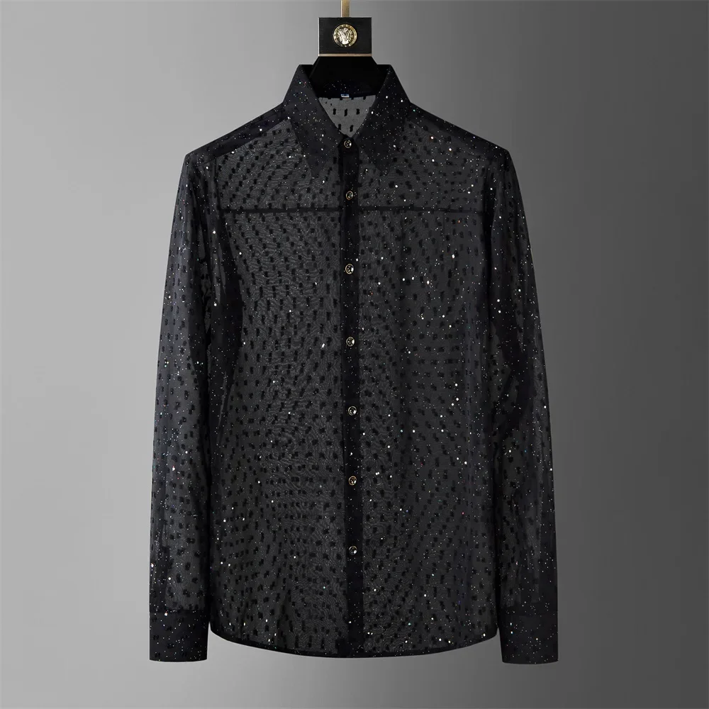 High-quality 3D Sequin Shirts Men Loose Long Sleeve Casual Shirts Social Party Nightclub Stage Performance See-through Blouses