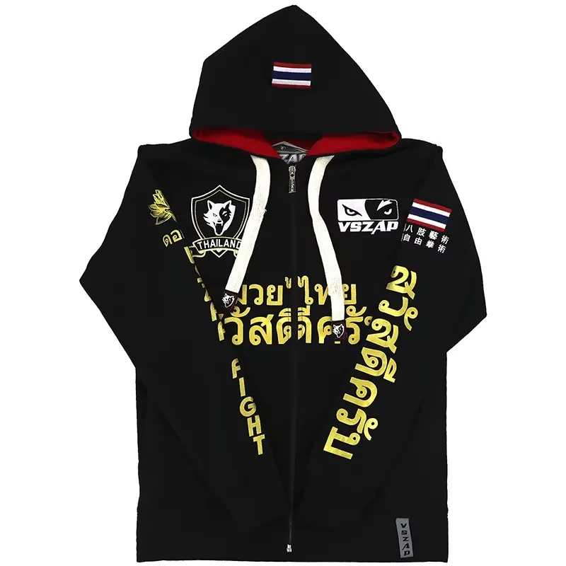 Bluza fitness VSZAP MUAY THAI, bluza z kapturem, bluza z kapturem Golden Lotus Fighting, nadruk lotosu, kurtka MMA na zamek błyskawiczny, z długim