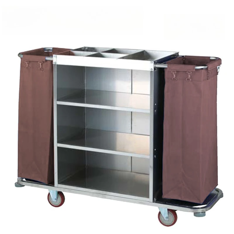 Extra thick stainless steel, bilateral cleaning cart, hotel room service, multi-functional hand-push linen cart