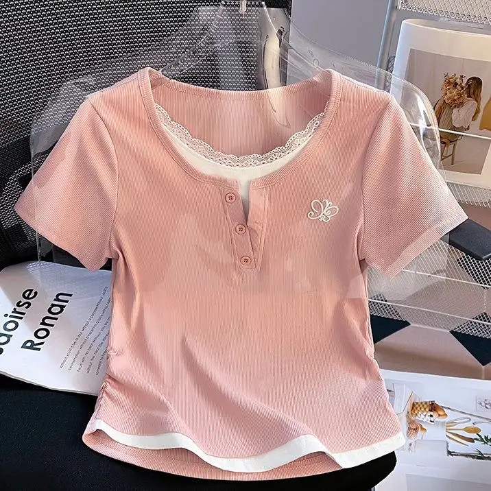 Two-piece Lace Short-sleeved T-shirt For Women In Summer New Top Patchwork Chic Sexy Pullover Fashion Tees Female Clothes