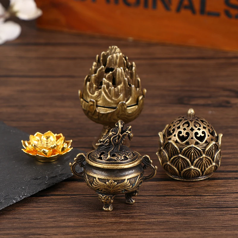 

1Pc Retro Alloy Small Lotus Mountain Hollow Out Incense Stick Burner Incense Holder With Cover Home Decoration Crafts