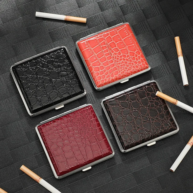 Crocodile Pattern Leather Cigarette Case, 20 Capacity for 8.0mm Cigarettes Metal Frame Slim Portable Cigarette Holder for Men