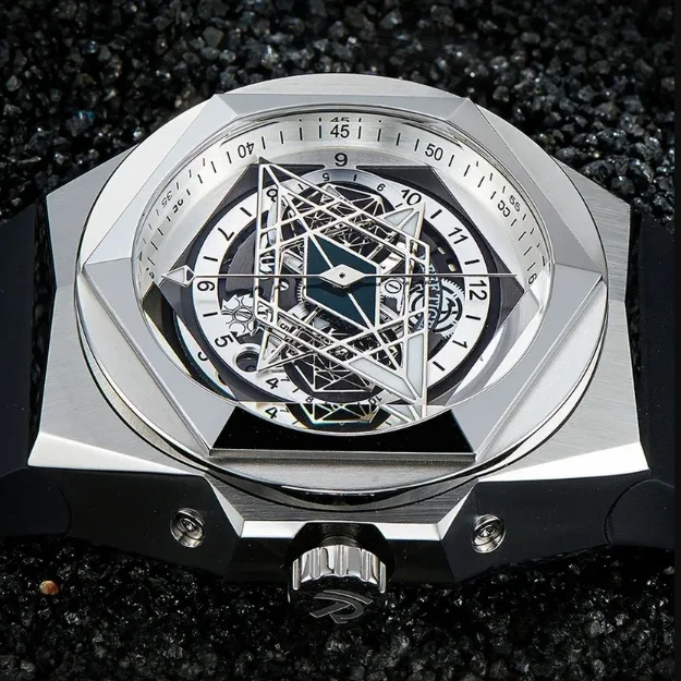 Reef Tiger Men Automatic Watch 43mm Mechanical Wristwatch 5ATM Luminous Sapphire Skeleton Dial Month Week Date Black Hole Hands