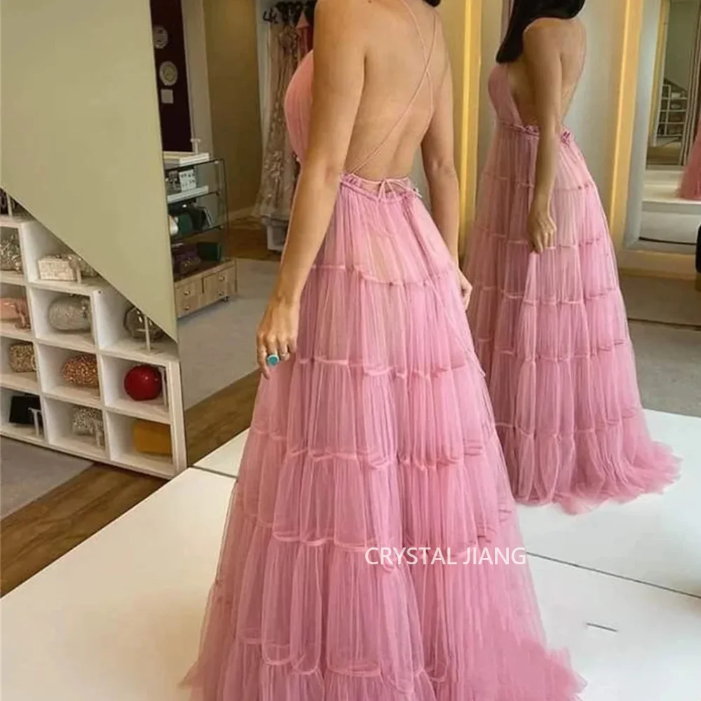 Vintage Long Pink V Neck TulleEvening Dresses Sleeveless Backless A Line Spaghetti Straps Floor Length فستان سهره