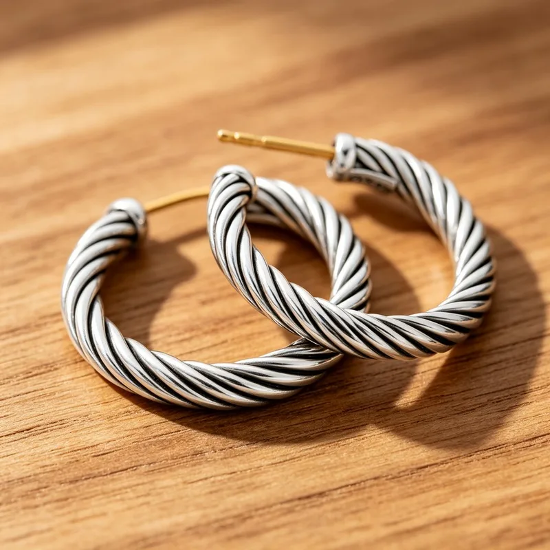 Silver Tone Twisted Cable Hoop Earrings for Women, Minimalist Spiral Medium Hoops, Everyday Wear Jewelry Gift