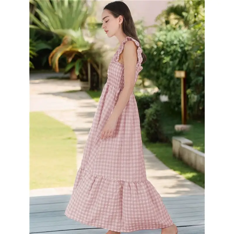 ABRT-Women's Retro Plaid Smocked Dress Spaghetti Strap Flounce Long Dress