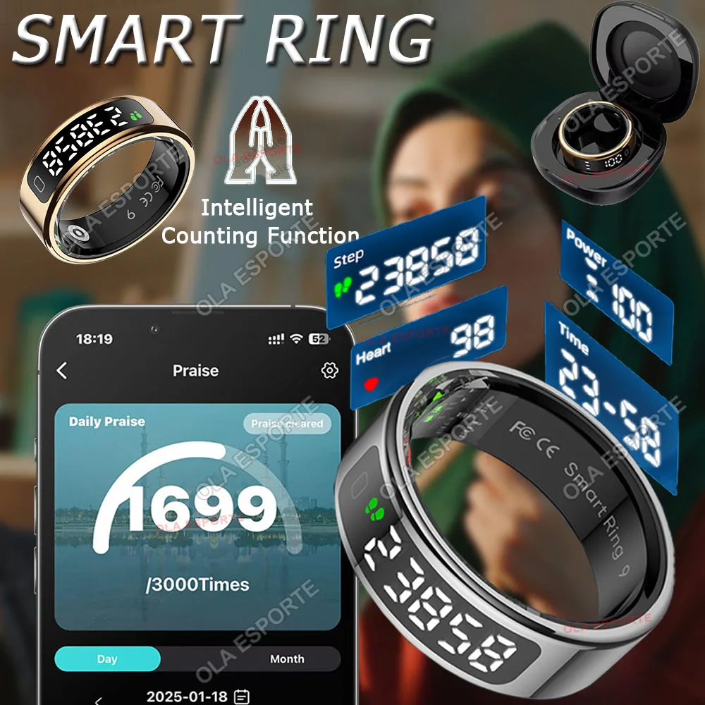 R11 Smart Ring with Display Screen and Touch, Zikr Tasbih Counter, With Charging Box, Health Manager,5ATM Waterproof For Android