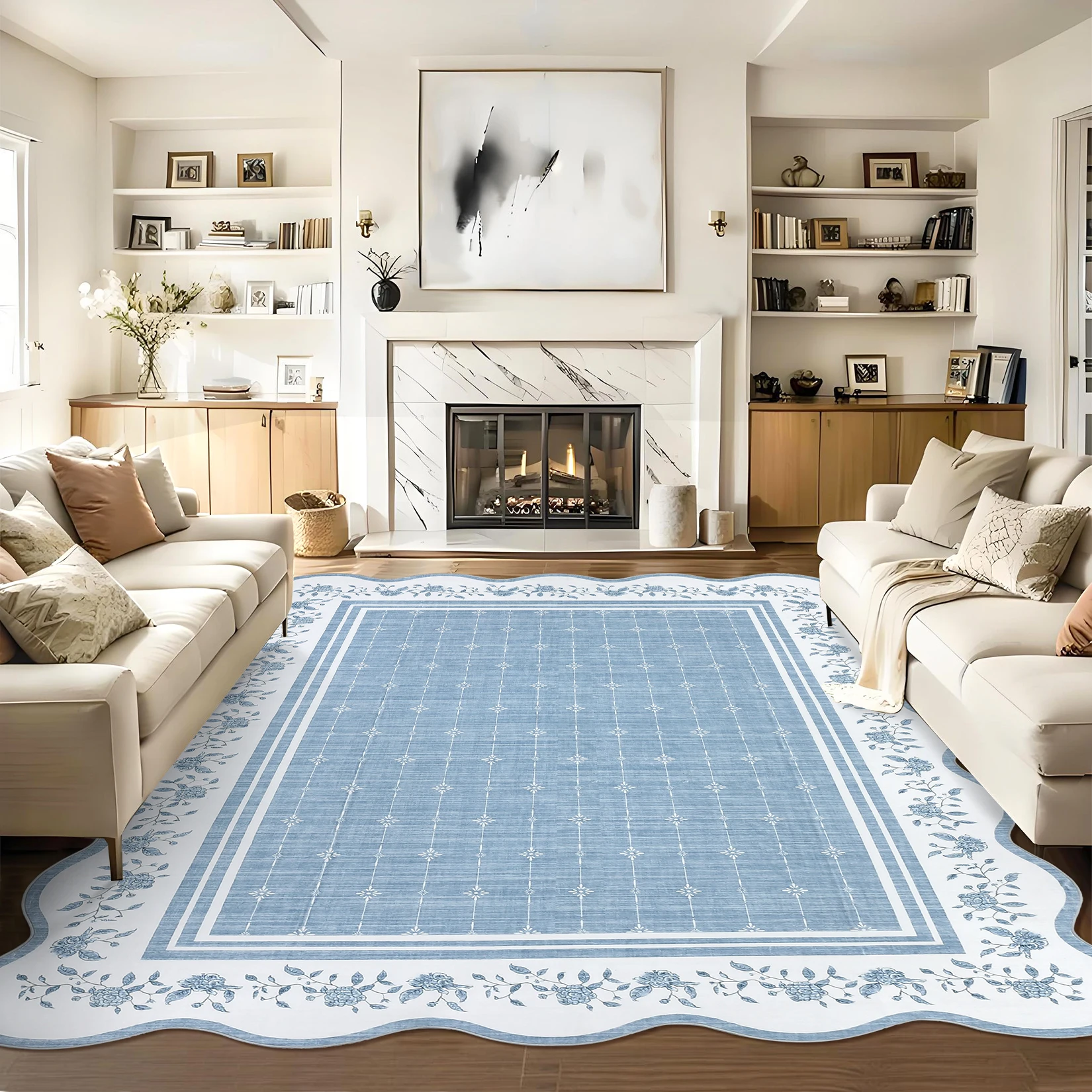 Washable Scalloped Edge Floral Edge Area Rug - Non-Slip Low-Pile, Collapsible Thin Non-Shedding Carpet for Living Room, Bedroom, Nursery, Kids Room & Learning Area - Multiple Sizes(Blue)