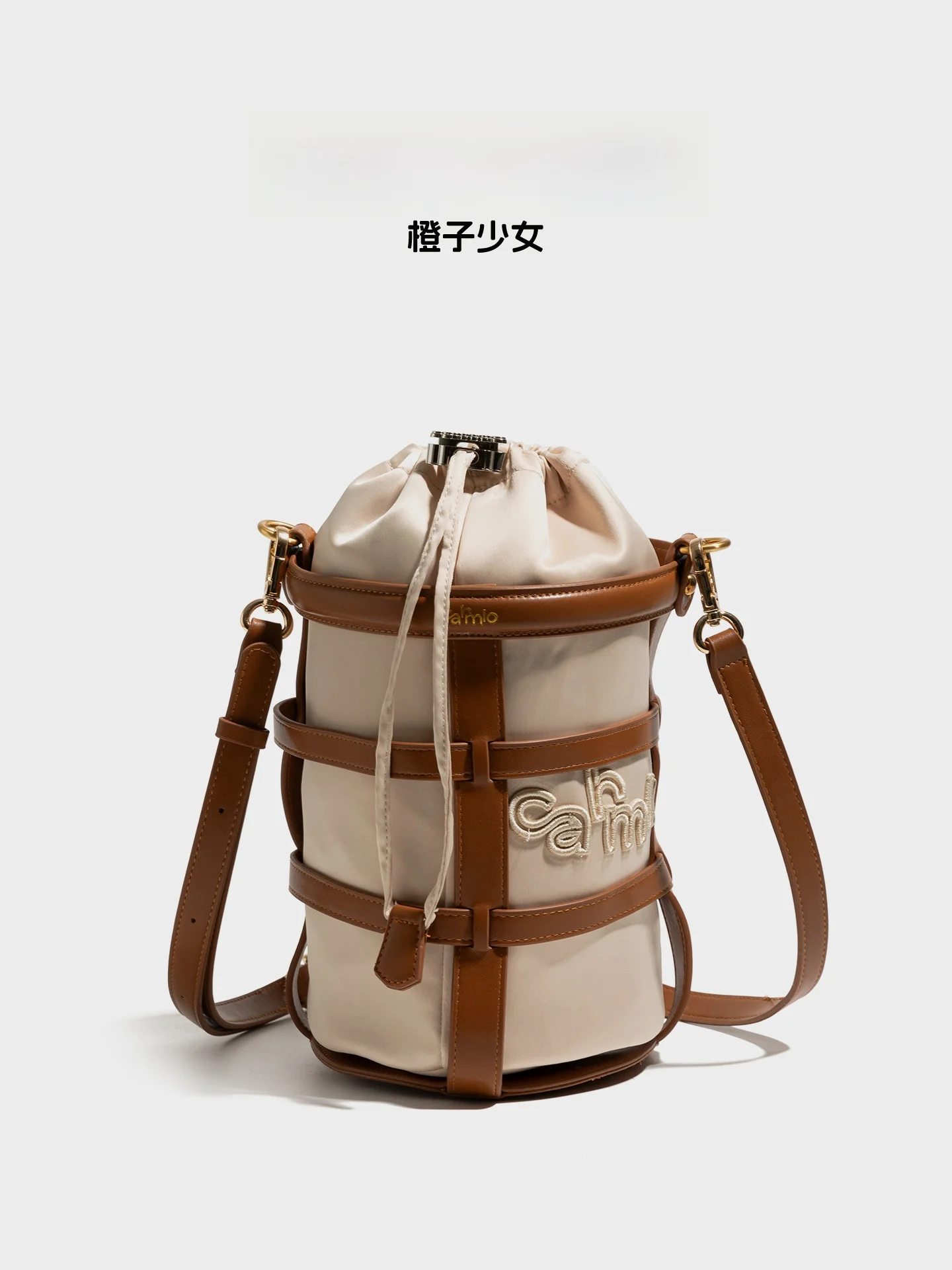 

Retro Orange Girl Leather Bucket Bag Crossbody Shoulder Bag round Tube Shape Women's Bag Casual Style PU Synthetic Leather