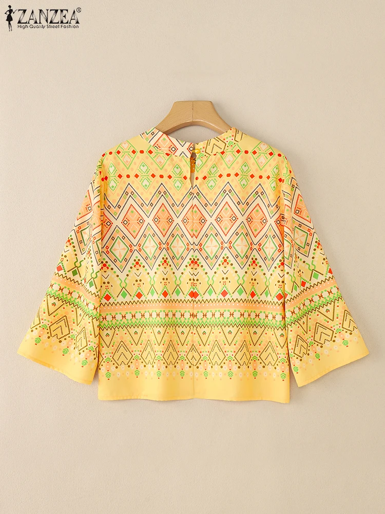 ZANZEA-Blusas étnicas Vintage con estampado geométrico para Mujer, Blusas holgadas informales con cuello redondo y manga 3/4, Tops Ikat para vacaciones 2025