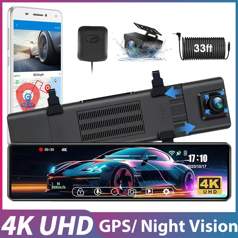 

12" Touch 4K Mirror Dash Cam GPS IMX589 Front and Rear Dual Camera WiFi APP Control WDR Night Vision Parking Monitor Camera DVR
