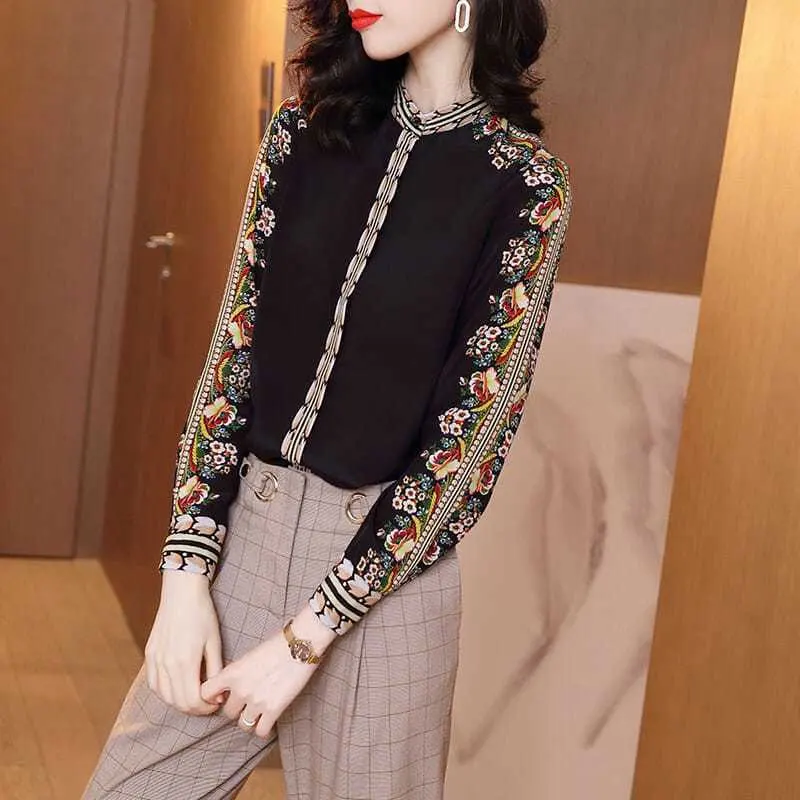 Vintage Folk Floral Printed Blouse Spring Autumn Long Sleeve Commute Stand Collar Button Women\'s Clothing Loose Spliced Shirt