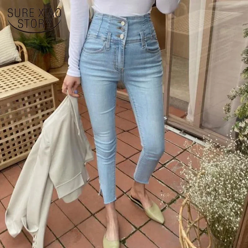 High Waist Jeans Skinny Pencil Jeans 2022 Autumn Single-breasted Streetwear Casual Women Denim Trousers Lady Pantalon 10411