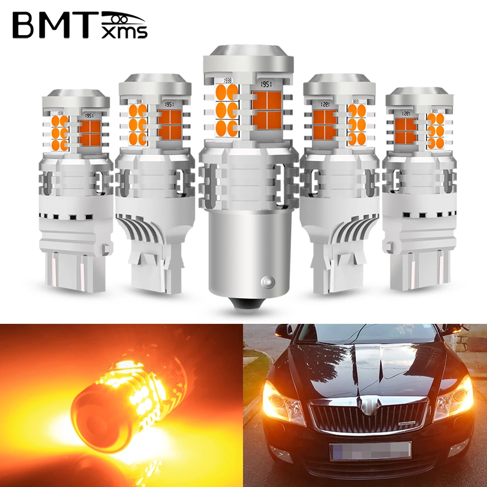 BMTxms 2X Canbus T20 7443 W21W WY21W PY21W BAU15S Światło kierunkowskazu BA15S P21W Bez Hyper Flash Amber Yellow 3157 P27W LED do samochodu