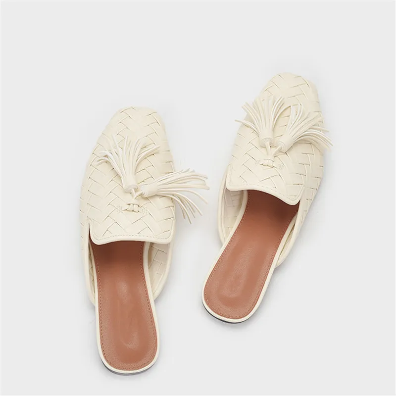 Fringed Slippers Women 2024 Braided Flat Shoes Square Toe Tassels Sandals Hollow Out Ladies Mules Comfortable Beach Slides