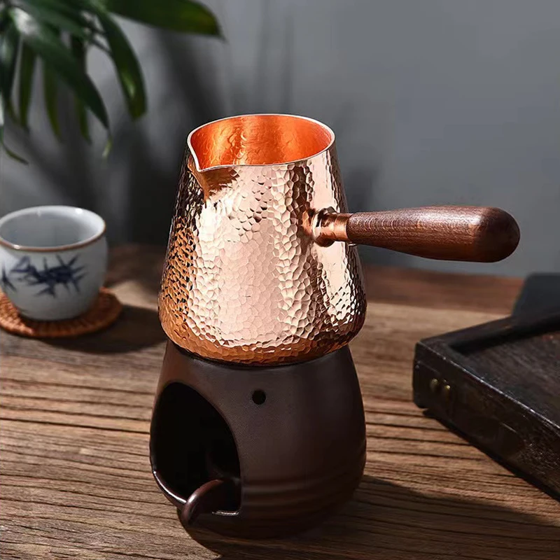 Pure Copper Latte Pitcher, Milk Jug with Wooden Handle, Kettles Hammer, Handcraft Drinkware, Tableware, 500ml