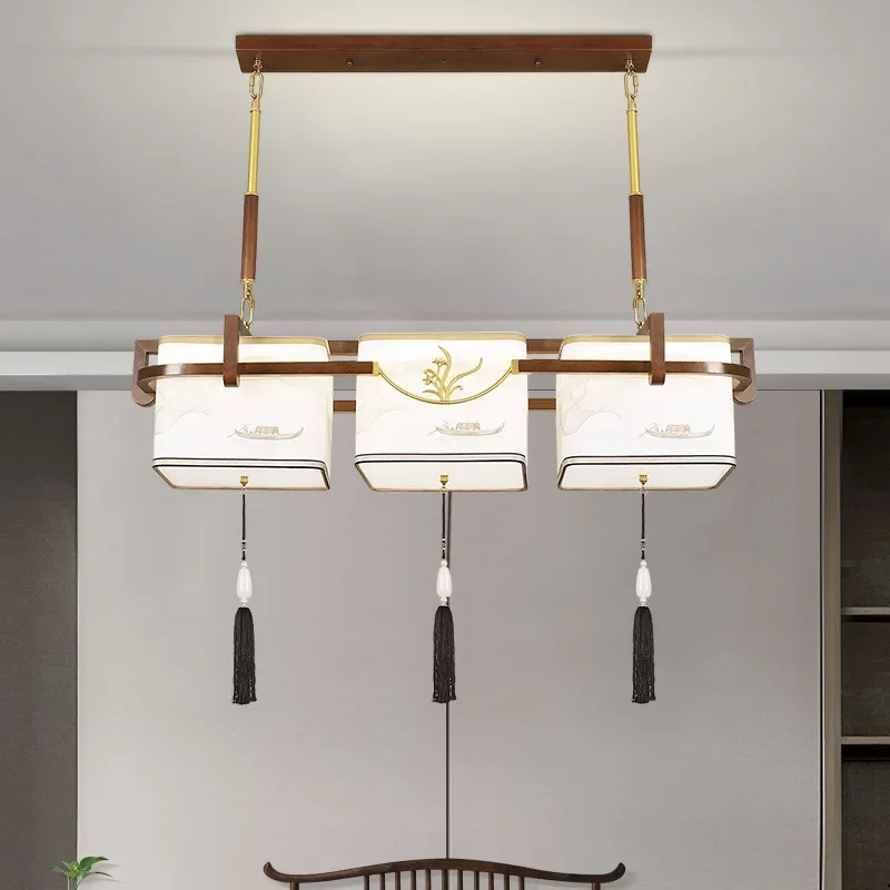 New Chinese style all copper, gold wire, sandalwood restaurant, Zen style long strip, high-end tea table lighting fixtures