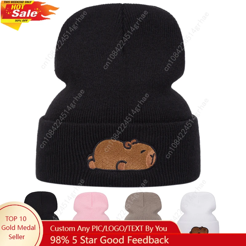 

Cute capybara Capybara embroidered knitted cap, warm woolen cap for autumn and winter outdoor sports events