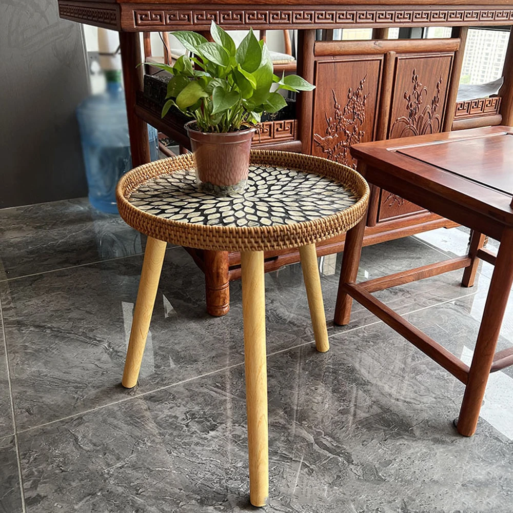 Rattan Woven Seashell Tray with Removable Legs - Reversible Boho Bedside Table & Serving Tray, Beach Style Home Decor for Coffee