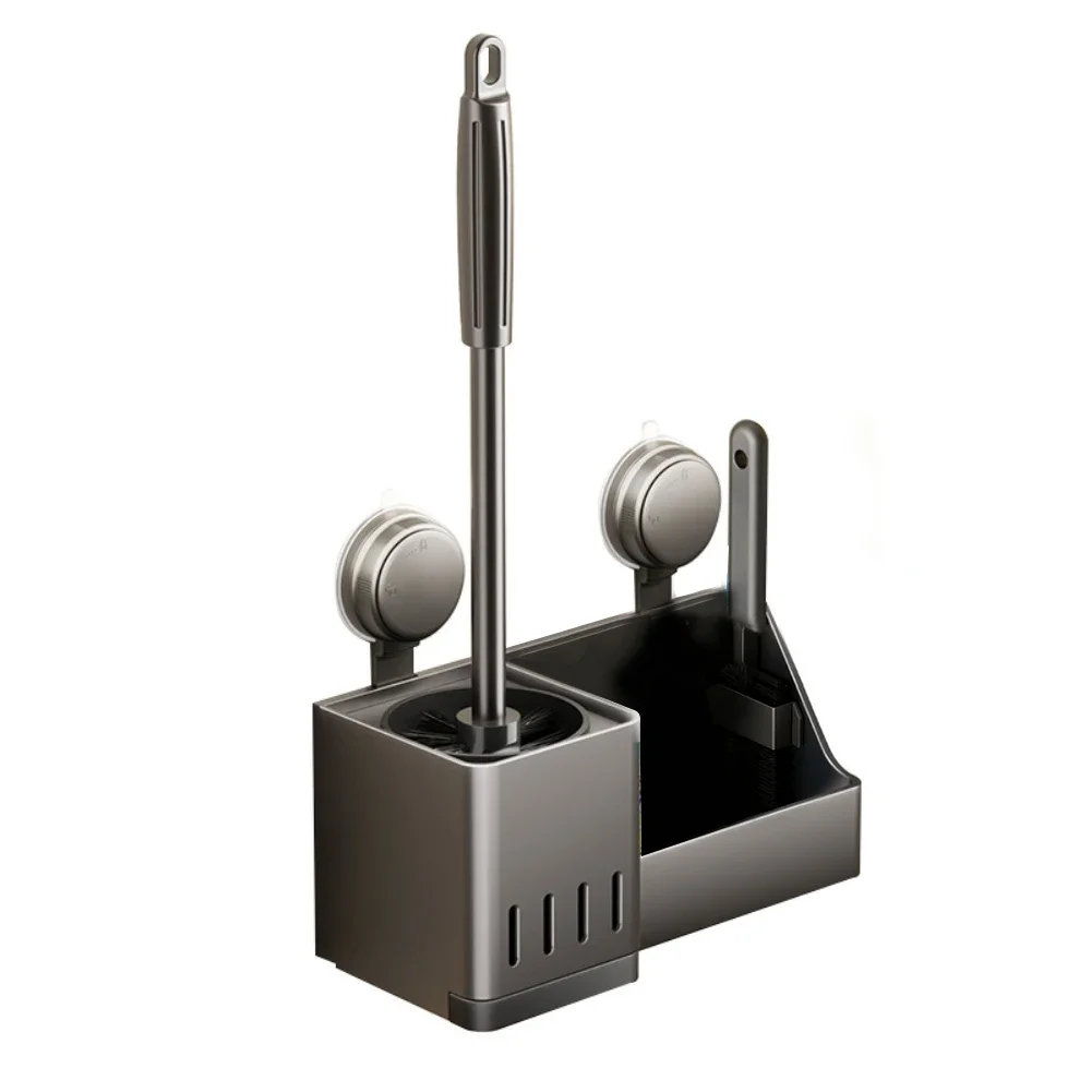 Bathroom Wall Mounted Toilet Brush Holder with Suction Cup Installation and Storage Rack for Cleaning Supplies