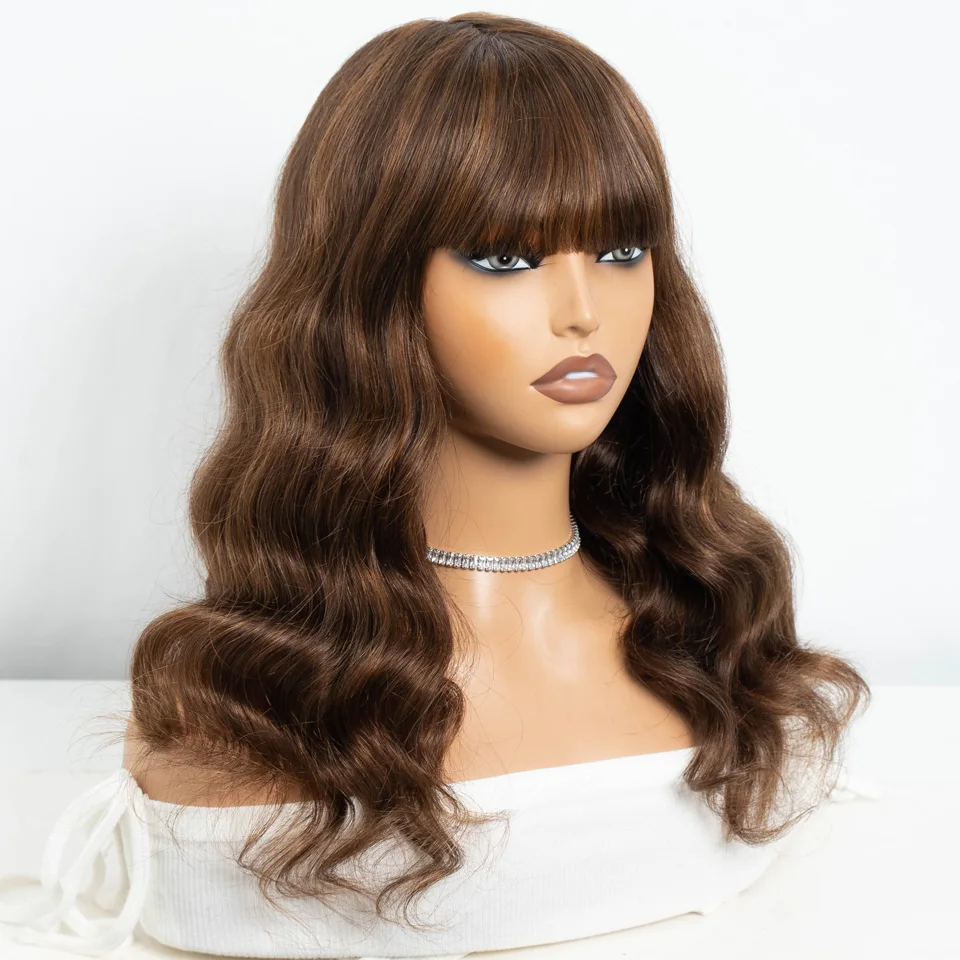 Trueme 180D Highlight Brown Body Wave Wig Human Hair Wig With Bangs Wear To Go Ombre Blonde Brazilian Human Hair Wigs For Women