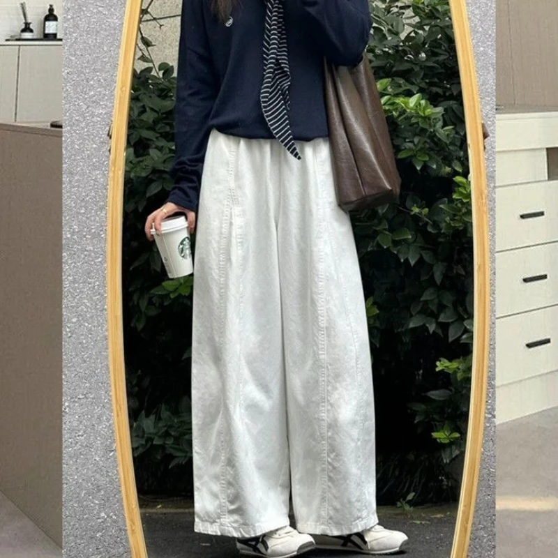 Spring Summer Baggy Sweatpants for Women Elastic Waist High Waisted Trousers White Pleated Wide-leg Draping Casual Trousers