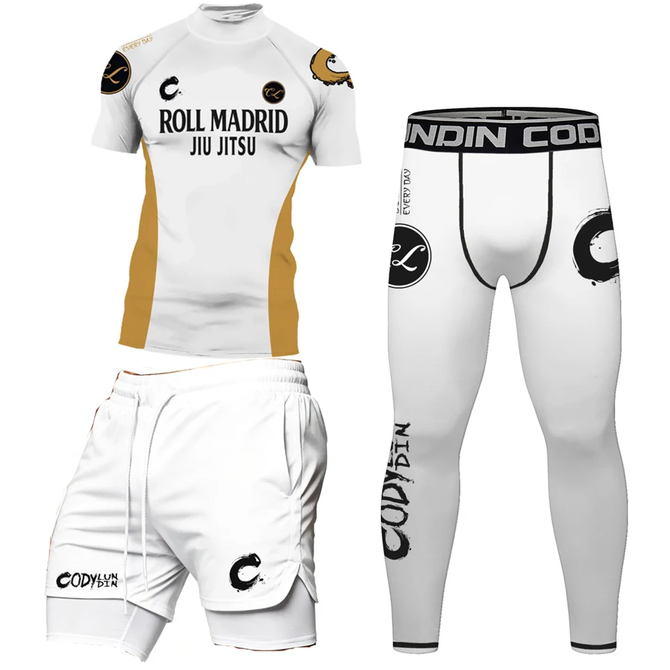 New Men Jiu Jitsu Gi BJJ Rashguard T-shirt+MMA Shorts Boxing Club Uniform Tight Sportswear Gym Active Leggings Boxing Jerseys