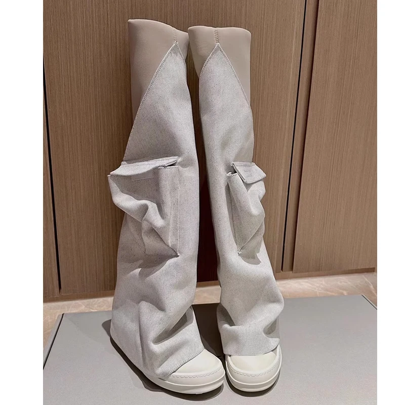 Botas acima do joelho para mulheres, lona preta, botas magras de bolso liso, bege, dedo do pé redondo destacável, inverno, 2023