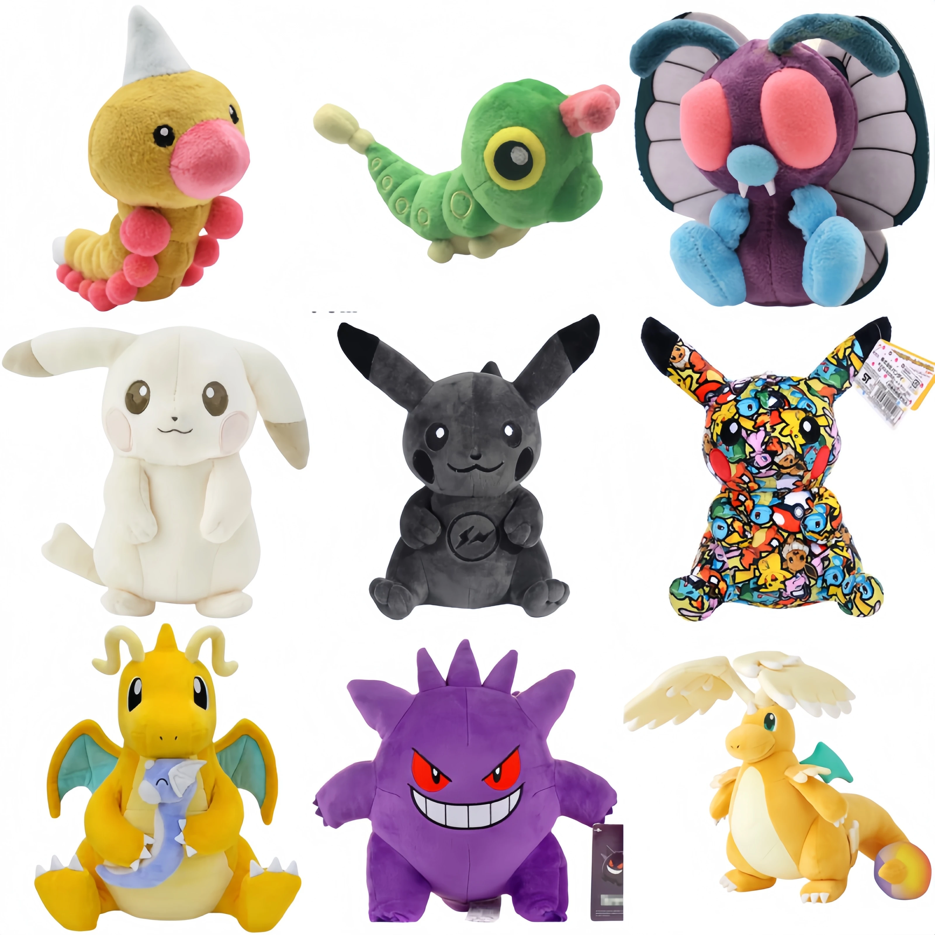 Pelúcia Pikachu Pokémon, Brinquedos de Pelúcia Shiny Caterpie, Butterfree, Beedrill, Gengar, Mega Dragonite, Bonecos de Pelúcia Macios