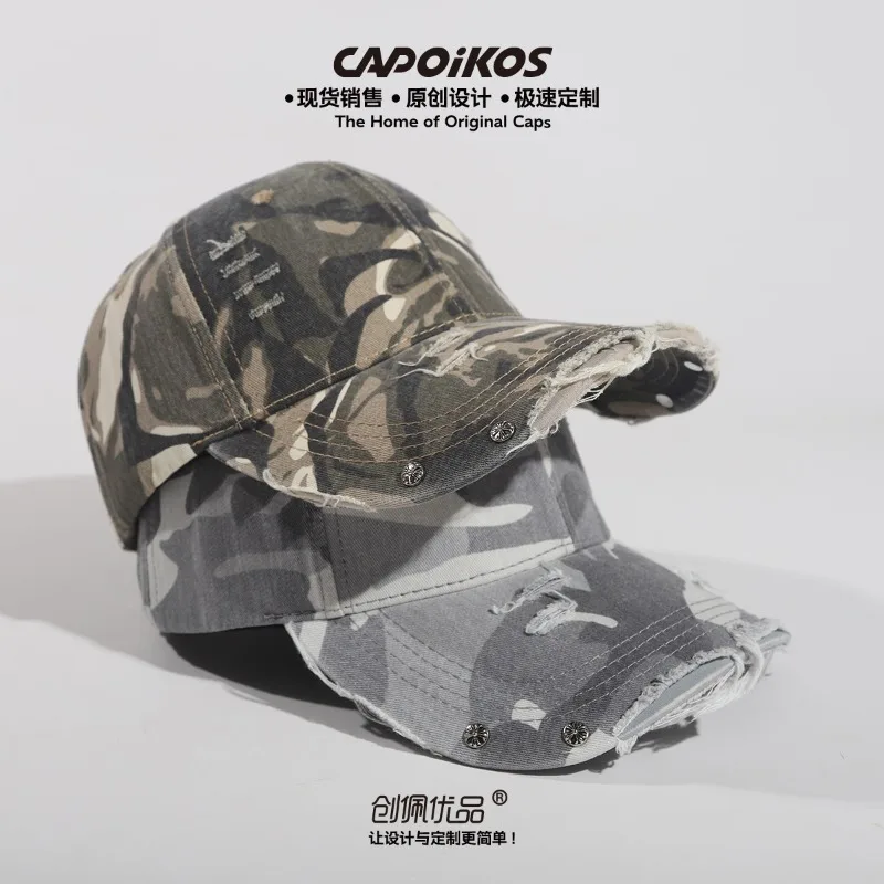 Customized Embroidered Logo Camouflage Baseball Cap for Men and Women Street Trendy Punch Design Sunshade Adjustable Hip Hop Hat