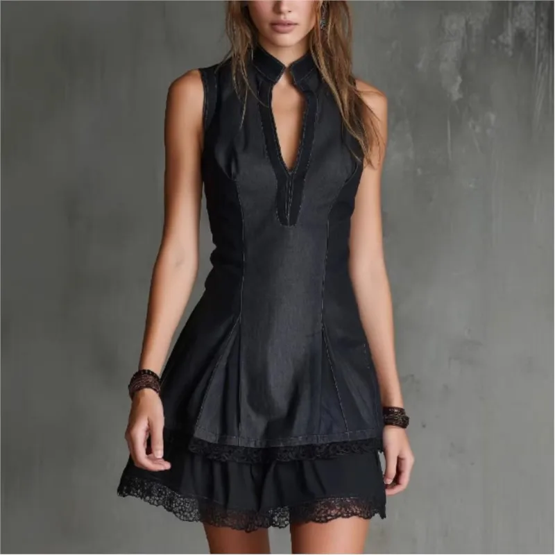 

New Summer Casual Sleeveless Hight Waist Dresses Sexy Deep V-neck Hollow Out Short Dress Elegant Lace Splicing Solid Mini Dress