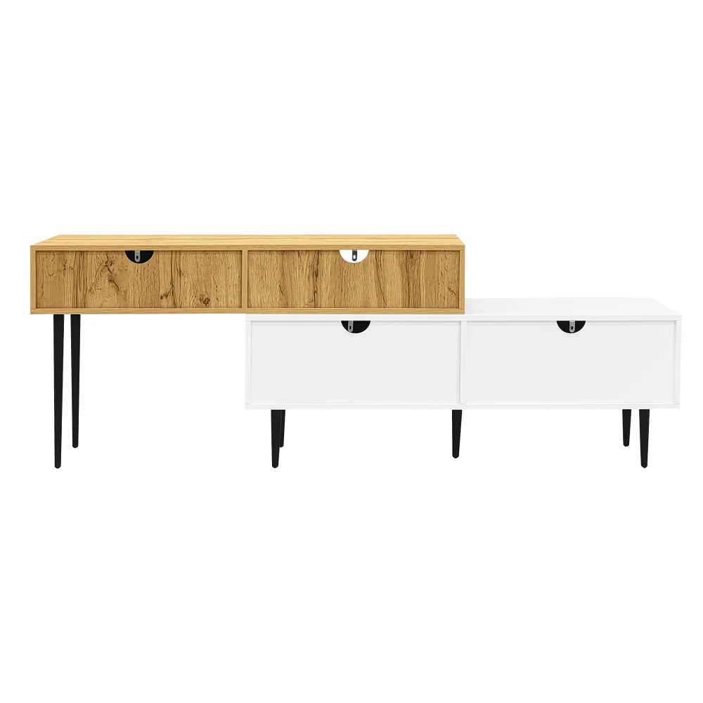 Moderner TV-Schrank mit verstellbarer Länge, Holzoptik + weiß matt, schwarze Metallbeine, multifunktionale Wohnzimmermöbel – Detail 13