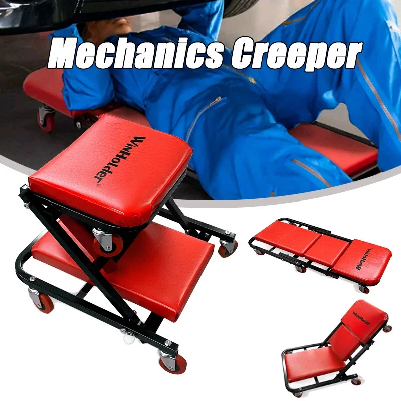 2 IN 1 Trolley Stool Mechanics Creeper 36 Inches Foldable Garage Auto Roller Padded Car Workshop Garage Tool Red