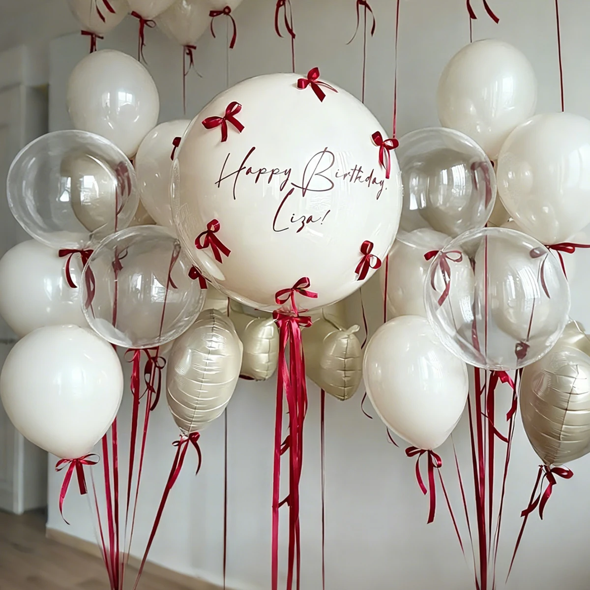 Sandweißes Bobo-Ballon-Set mit roter Schleifenband-Dekoration für Geburtstag, Hochzeit, Babyparty, Heiratsantrag, Jubiläumsdekoration – Detail 4