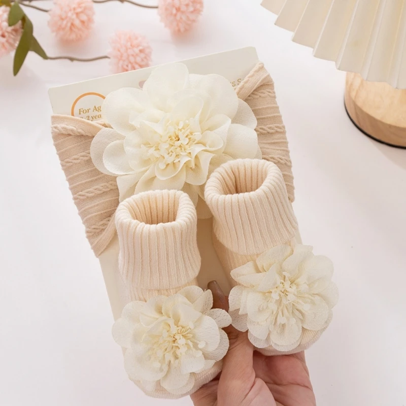 Baby Flower Headband & Socks Set for Baby 0-1Year Soft Elastic  Hairband Nonslip Floor Socks Baby Accessories