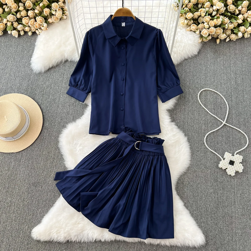 Fashion Set Women's Casual POLO Collar Single Breasted Three Quarter Sleeve Shirt Two-piece High Waisted Pleated Skirt Korean