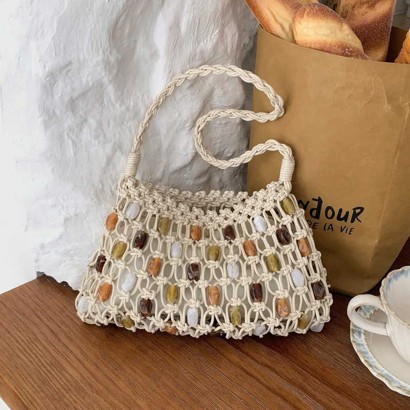 

New Handmade Knitted Acrylic Beaded Wax Rope Shoulder Bag Summer New Style Mesh Hollow Out Woven Crochet Bag for Beach Vacation