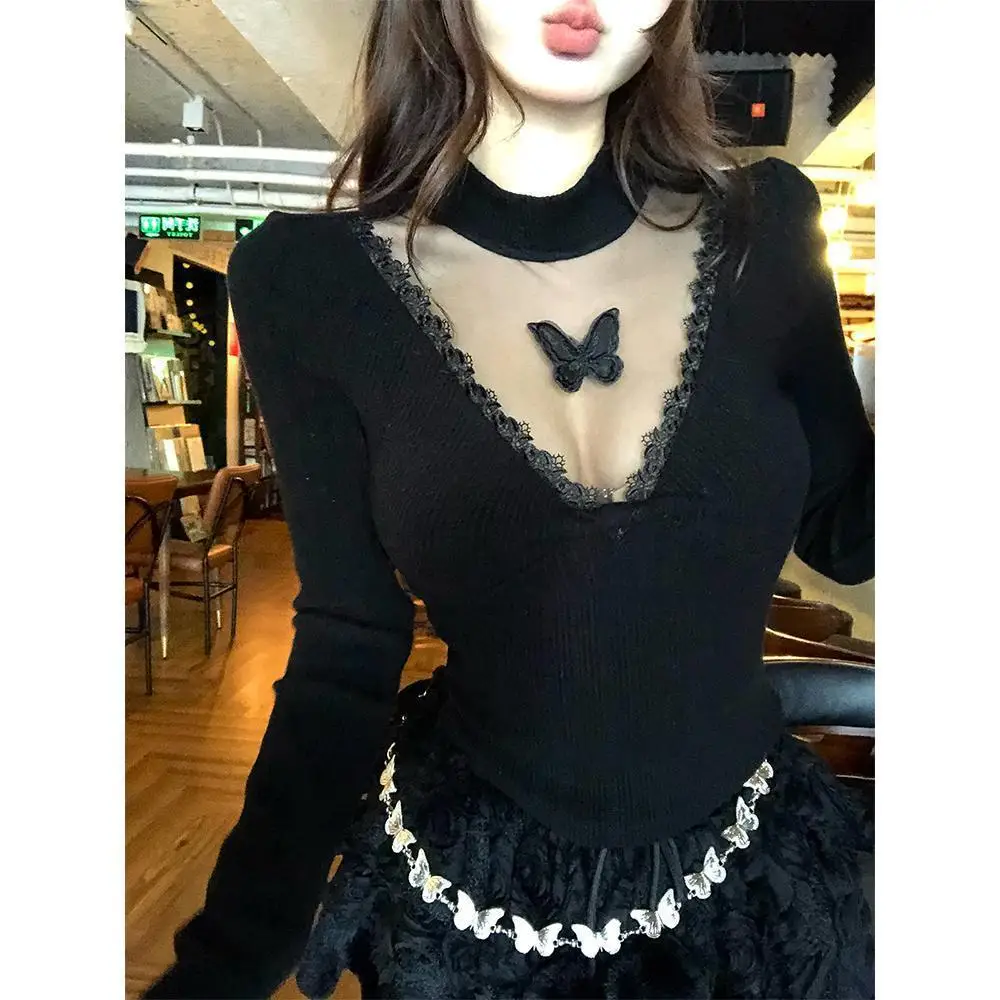 

Эстетические женские кружевные сексуальные модные футболки женские осенне-зимние новые футболки с длинными рукавами однотонные топы с v-образным вырезом для похудения шикарные