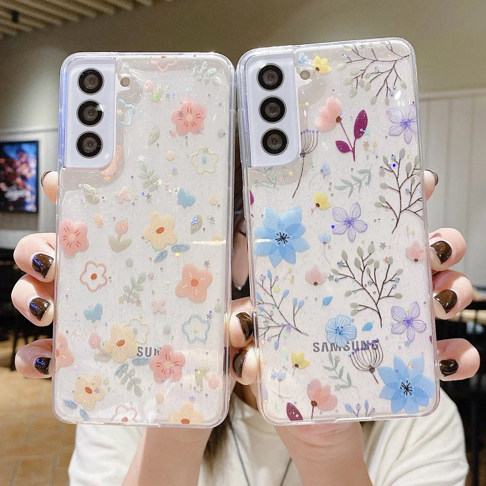 for Samsung Galaxy S26 S25 S24 S23 S22 S21 FE S20 Ultra Plus A54 A53 A73 Case Real Dry Flower Anti-scratch Glitter Epoxy Cover